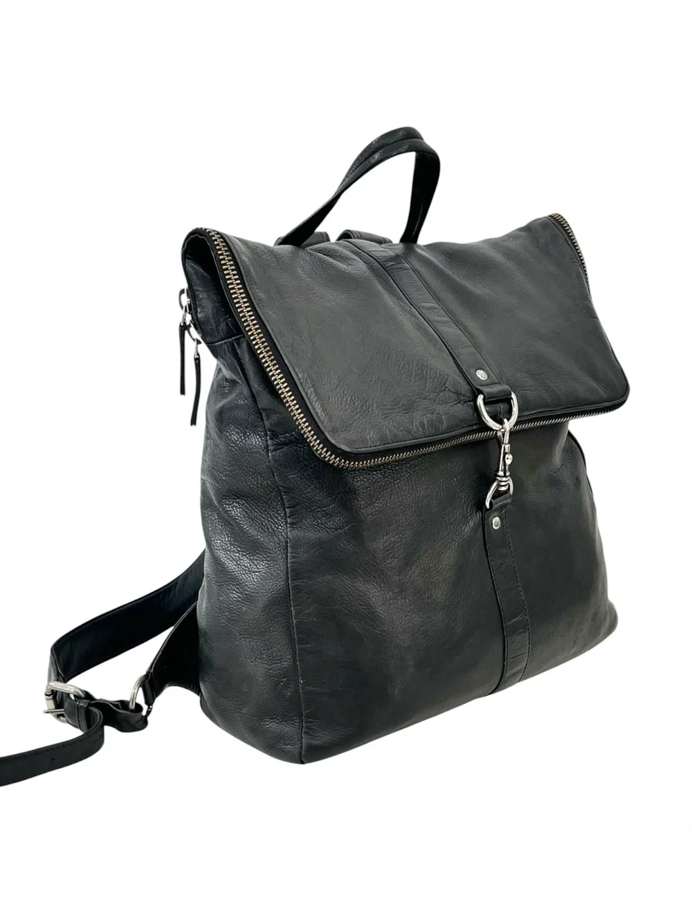 HOPE Seek Bag - Black Slouchy Fold Over Roomy Pebble Leather Backpack Bag